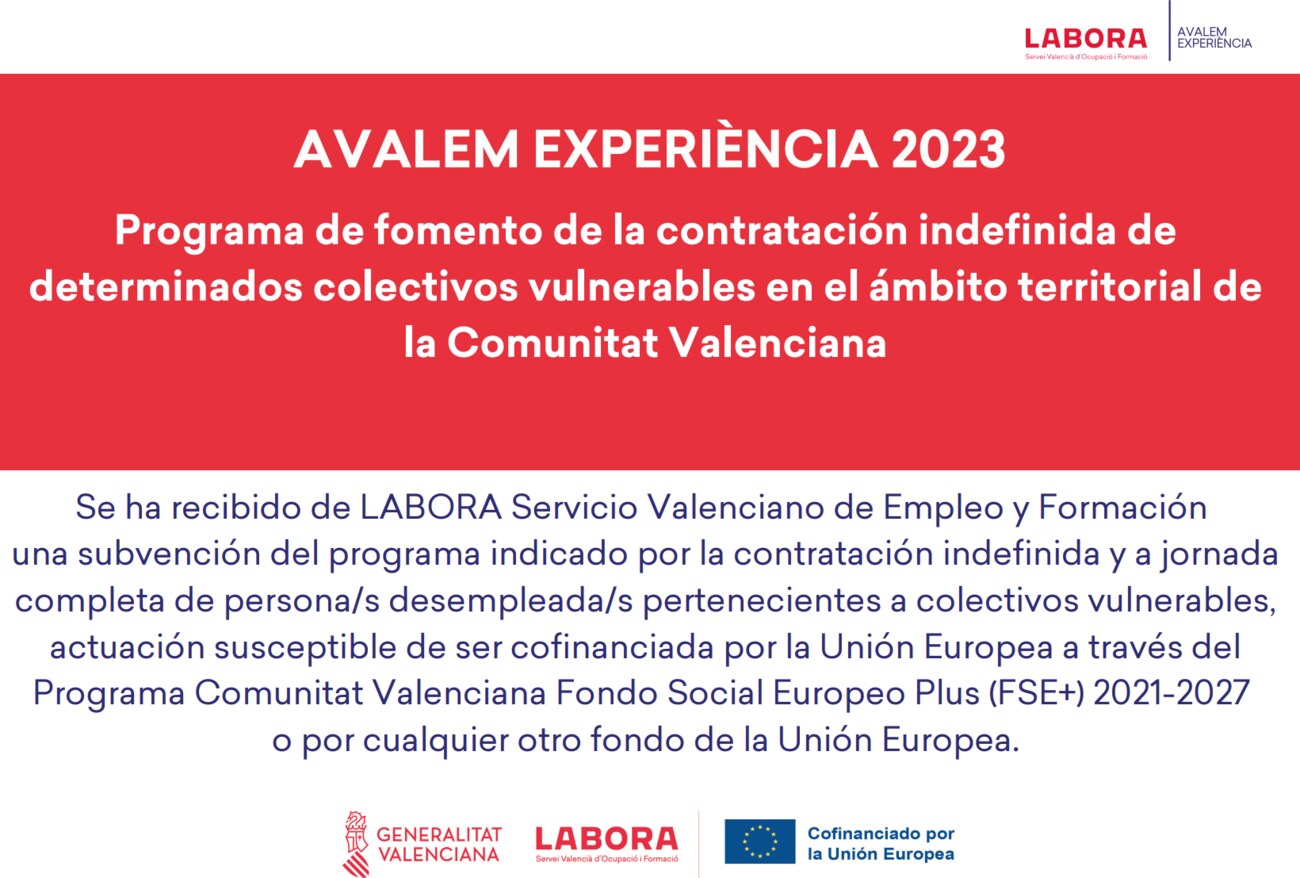 Cartel oficial de Avalem Experiència 2023 con los logotipos de la Generalitat Valenciana, LABORA y Cofinanciado por la Unión Europea.