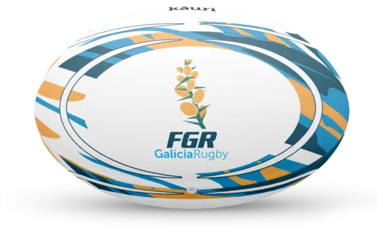 Balón de rugby personalizado de la Federación Galega de Rugby, fabricado por Kauri.