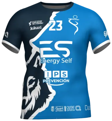 Camiseta de balonmano azul con la ilustración de un lobo, del CBM Quart