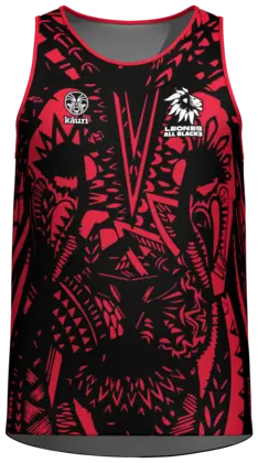 Camiseta de tirantes de rugby roja y negra con ilustración maorí
