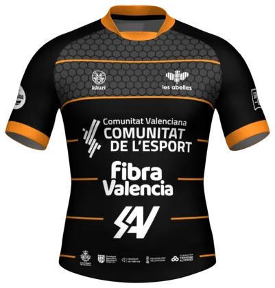 Camiseta de rugby negra con panel de hexágonos y vivos naranjas de Les Abelles