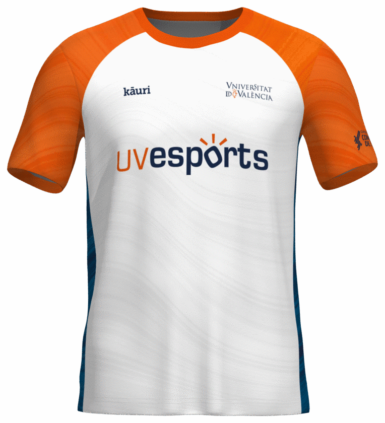 Camiseta multideporte azul de la Universitat de València.